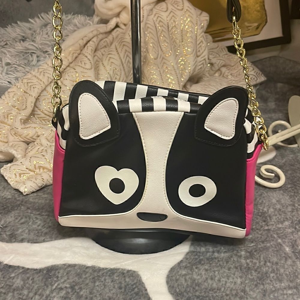 Betsey johnson bbw spot dog kitsch frenchie pug ears stripe crossbody purse bag